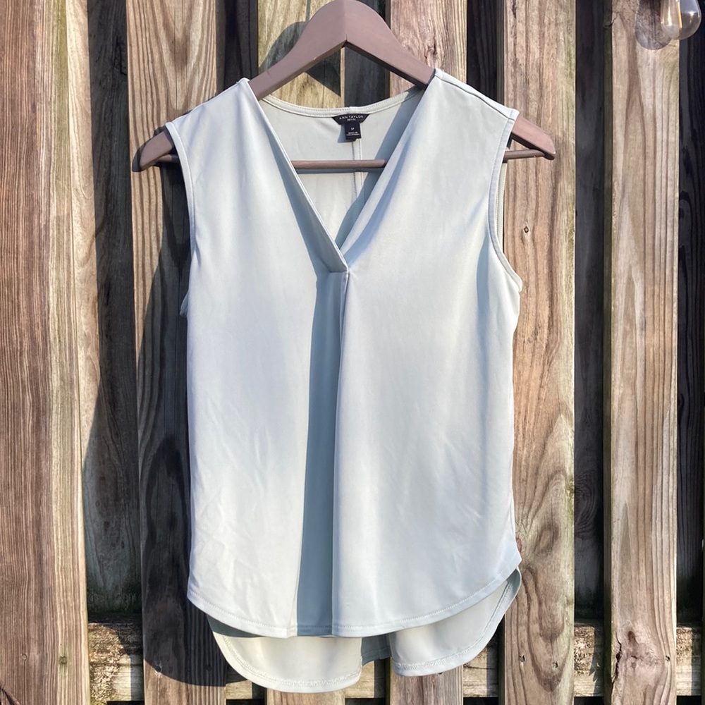 Ann Taylor Petite sleeveless blouse light green pleated drape front